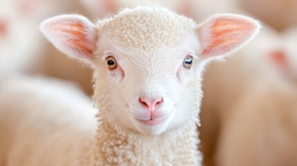 Fototapeta premium Cute lamb in farm, close-up portrait