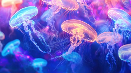 Obraz premium underwater world, with glowing jellyfish and colorful coral reefs, creating a peaceful and serene oceanic environment full of life and wonder.