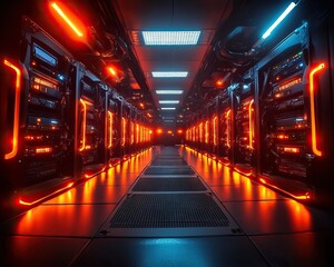 A futuristic server room illuminated by blue and orange lights, showcasing rows of servers in a sleek, modern design.