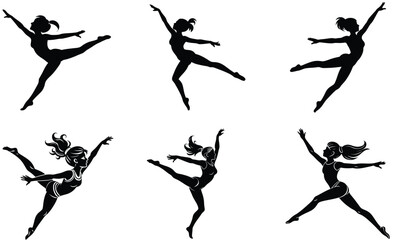young girl ballet Jumping dancing silhouette set vector illustration