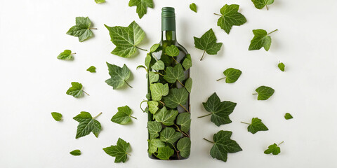 Sustainable and eco-friendly wine bottle wrapped in green ivy leaves with scattered leaves around, symbolizing nature conservation.