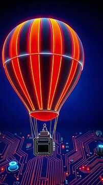 Colorful hot air balloon floating above a digital circuit board, symbolizing technology and innovation