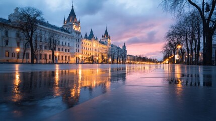 Obraz premium Building Reflection on Wet Street at Dusk