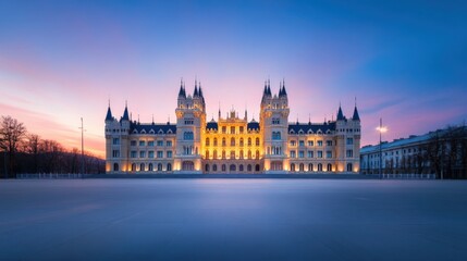 Fototapeta premium Grand building at dusk with pink sky
