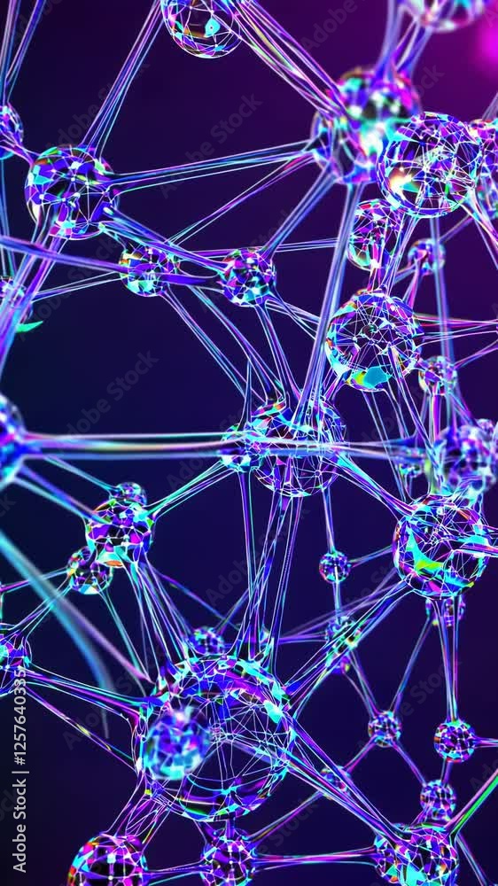 Poster molecular structures forming and shifting, with transparent liquid-like connections and glowing part