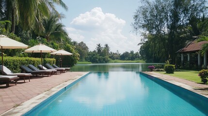 Tropical resort pool, lake view, relaxation