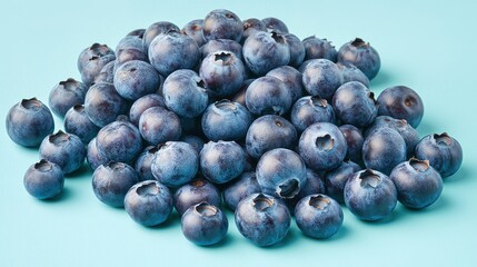 A pile of fresh blueberries on a light blue background