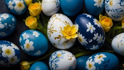 Fototapeta premium Celebrating spring with beautifully decorated Easter eggs nestled among cheerful yellow flowers and vibrant blue accents in a festive holiday display. Generative AI