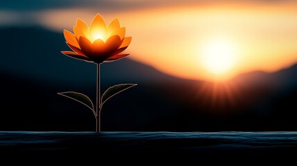 A single orange lotus flower in the middle of the ocean at sunset