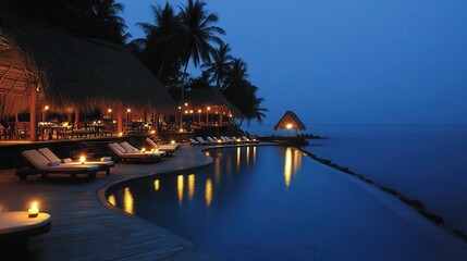Obraz premium Tropical resort pool night, ocean view, relaxation