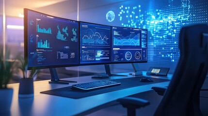 Fototapeta premium A digital workspace featuring a multi-screen setup with interactive holograms, sleek ergonomic furniture, and a virtual assistant projected in the air.