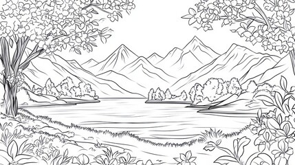 Serene mountain lake spring coloring page