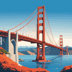 A stunning vector illustration of the Golden Gate Bridge, showcasing its iconic red-orange towers rising above the vibrant blue waters of San Francisco Bay under a clear sky.