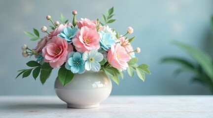 Fototapeta premium Pastel blossoms in a simple vase, a delicate arrangement of springtime flowers, showcasing soft pink and light blue petals, creating a serene and elegant ambiance.