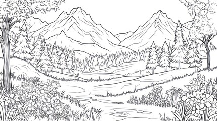 Mountain valley stream, spring flowers, forest background, nature coloring page