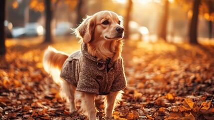 A dog dressed in a stylish outfit, proudly walking through a park, with the sun casting a warm glow on its fur, highlighting its adorable and fashionable appearance