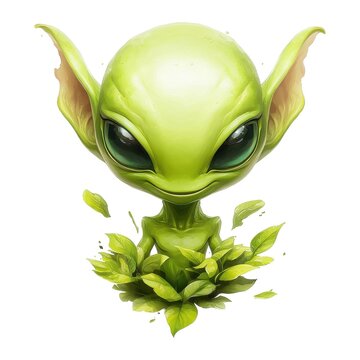 Charming Green Alien with Large Eyes Holding a Bouquet of Lush Green Leaves on White, Isolated on White Background Cutout