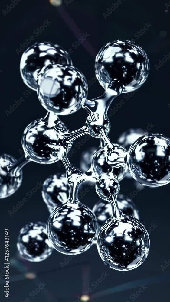 Poster molecular structures forming and shifting, with transparent liquid-like connections and glowing part