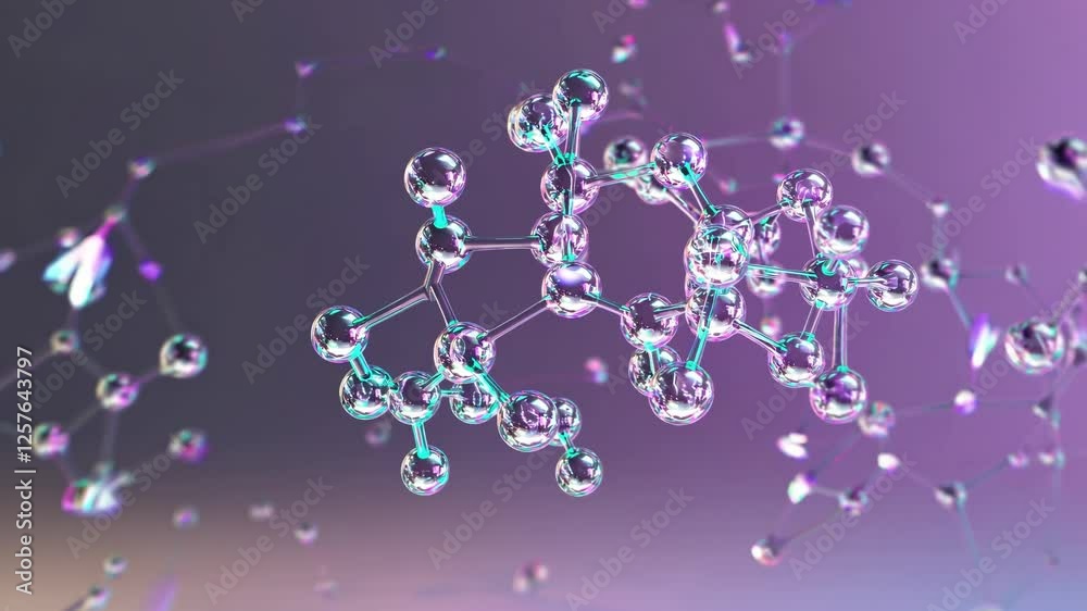 Aufkleber molecular structures forming and shifting, with transparent liquid-like connections and glowing particles