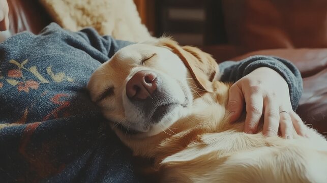 A dog receiving a belly rub from its owner, looking relaxed and happy, with its eyes closed in contentment, set against the backdrop of a cozy, comfortable home.