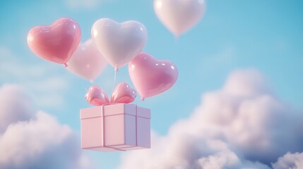 A Box flying on a parachute with pink cloud in valentine day,package flying down from sky and cloud with parachute, concept for delivery service,shopping online,air delivery service.
