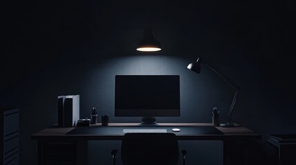 Empty dark office workspace lit by lamp.  Ideal for presentations