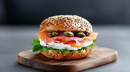 Smoked Salmon Bagel Sandwich On Wooden Board
