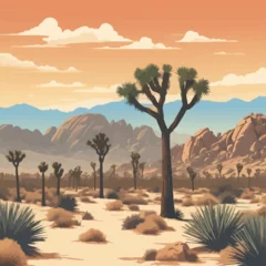 Gordijnen A breathtaking vector illustration of Joshua Tree National Park, capturing its iconic desert landscape, unique rock formations, and distinctive Joshua trees in Southern California. © Canncelo