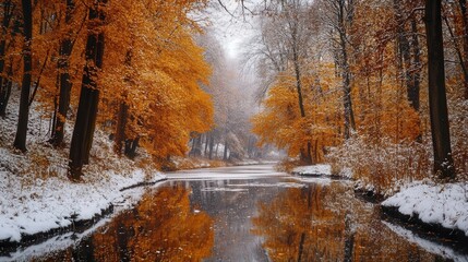 4K image of a river surrounded by autumn trees, with patches of melting snow still visible, adding a contrast to the golden foliage in the early days of fall.