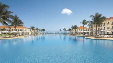 Obraz premium Tropical resort pool, ocean view, relaxation