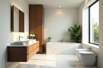 Modern minimalist bathroom design with wood vanity, marble bathtub, and contemporary toilet