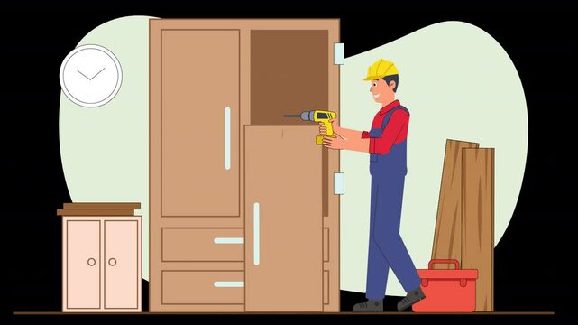 Illustrate a carpenter concept using flat style animation. Characters work with wood, create furniture, and use tools in a minimalist design.