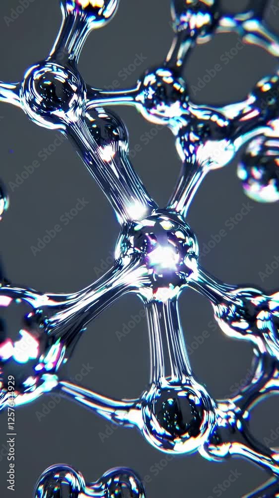 Poster molecular structures forming and shifting, with transparent liquid-like connections and glowing part