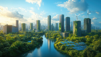 Fototapeta premium A futuristic cityscape with green energy solutions, solar panels, and wind turbines integrated into modern skyscrapers, symbolizing sustainable urban development 