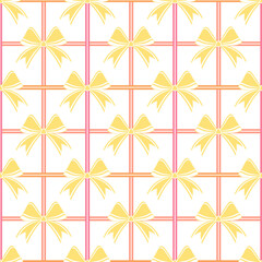 Yellow bows with ribbons on a checkered background. Seamless background for fabrics, textiles, packaging and wallpaper. Vector illustration