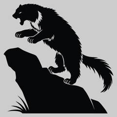 a wolverine leaping off a rock silhouette vector design art and illustration