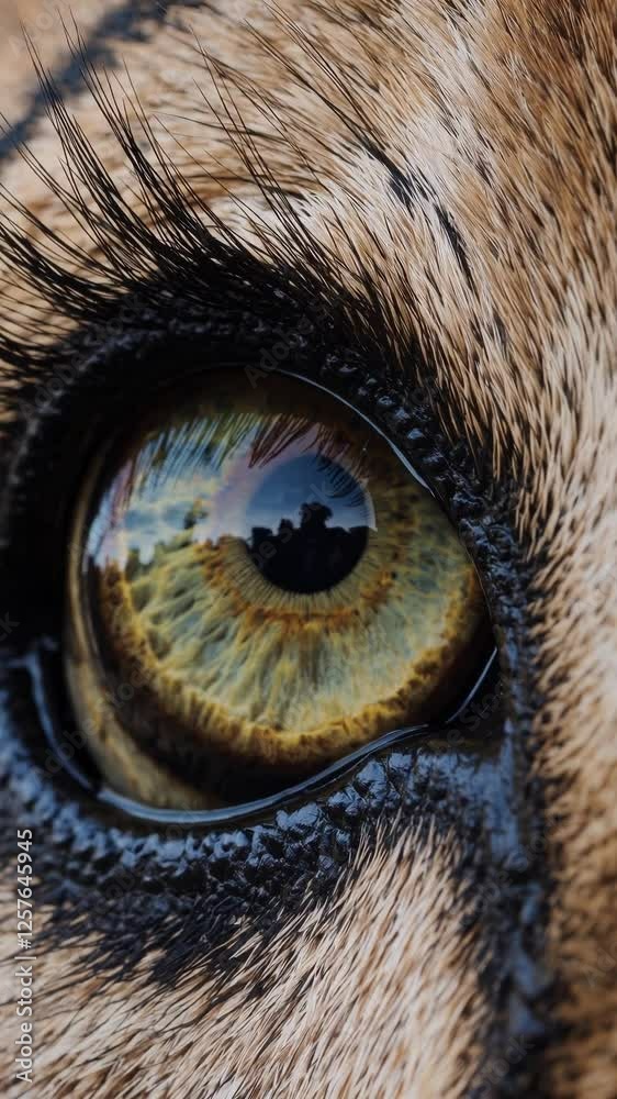 Poster a animal’s eye with intricate reflections and slight pupil dilation, creating an intense and mesmeri