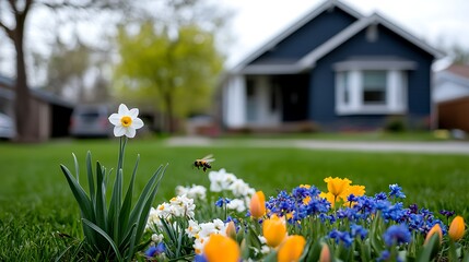 Spring Flowers And Bee Infront Of House