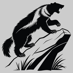a wolverine leaping off a rock silhouette vector design art and illustration