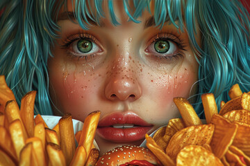 Nutrition of teenagers. The problem of child nutrition, fast food, fast food restaurants, French fries and burgers. Portrait of a modern child,blue or light blue hair, food cravings, high calorie