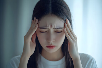 Fototapeta premium Young Woman Experiencing Headache in Soft Light, Emotional Stress, Facial Expression