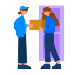 woman receiving a delivery package from courier, door to door service concept, flat vector illustration