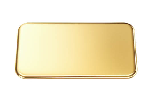 Rectangular gold metal plate with a smooth, polished surface and rounded edges, showcasing a reflective finish. Ideal for design and branding purposes, isolated on white or transparent background