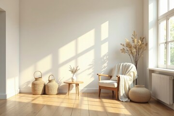 Fototapeta premium Serene Minimalist Living Room with Natural Light and Woven Accents