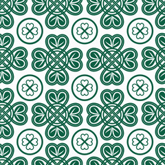 Symbolic pattern with green clovers and intertwined knots on a white background.