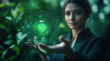 Naklejka premium A businesswoman presenting a holographic chart showing carbon footprint reduction, with a green energy background, symbolizing corporate sustainability