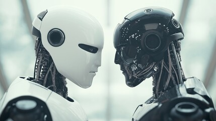 The robot and human face each other.