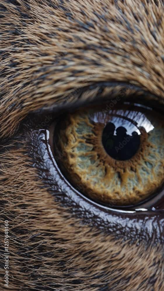 Poster a animal’s eye with intricate reflections and slight pupil dilation, creating an intense and mesmeri