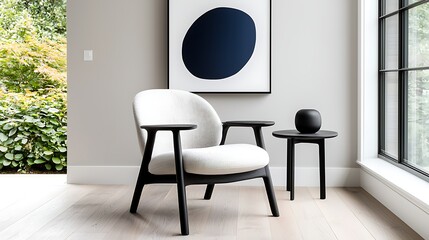 Stylish Modern Armchair In Living Room With Dark Blue Artwork