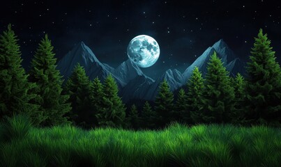 A serene nightscape with evergreen trees and a bright full moon rising above the mountains